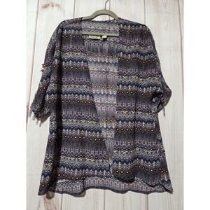 Gimmicks by BKE Blue Tribal Print Sheer Chiffon Fringe Studded Kimono Cardigan M